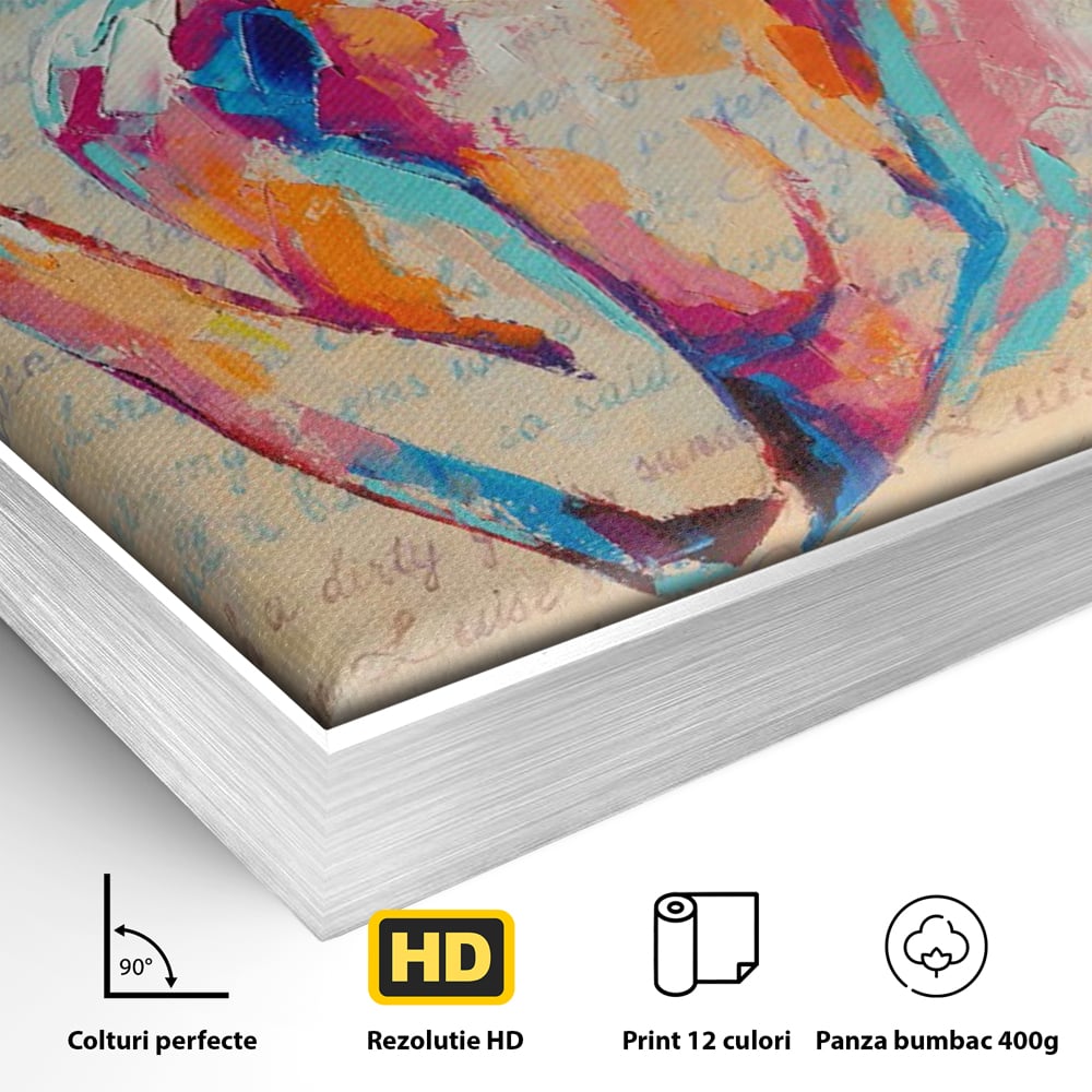 Detaliu al suprafetei: tablou canvas cu portret abstract de femeie, in rama de aluminiu argintiu